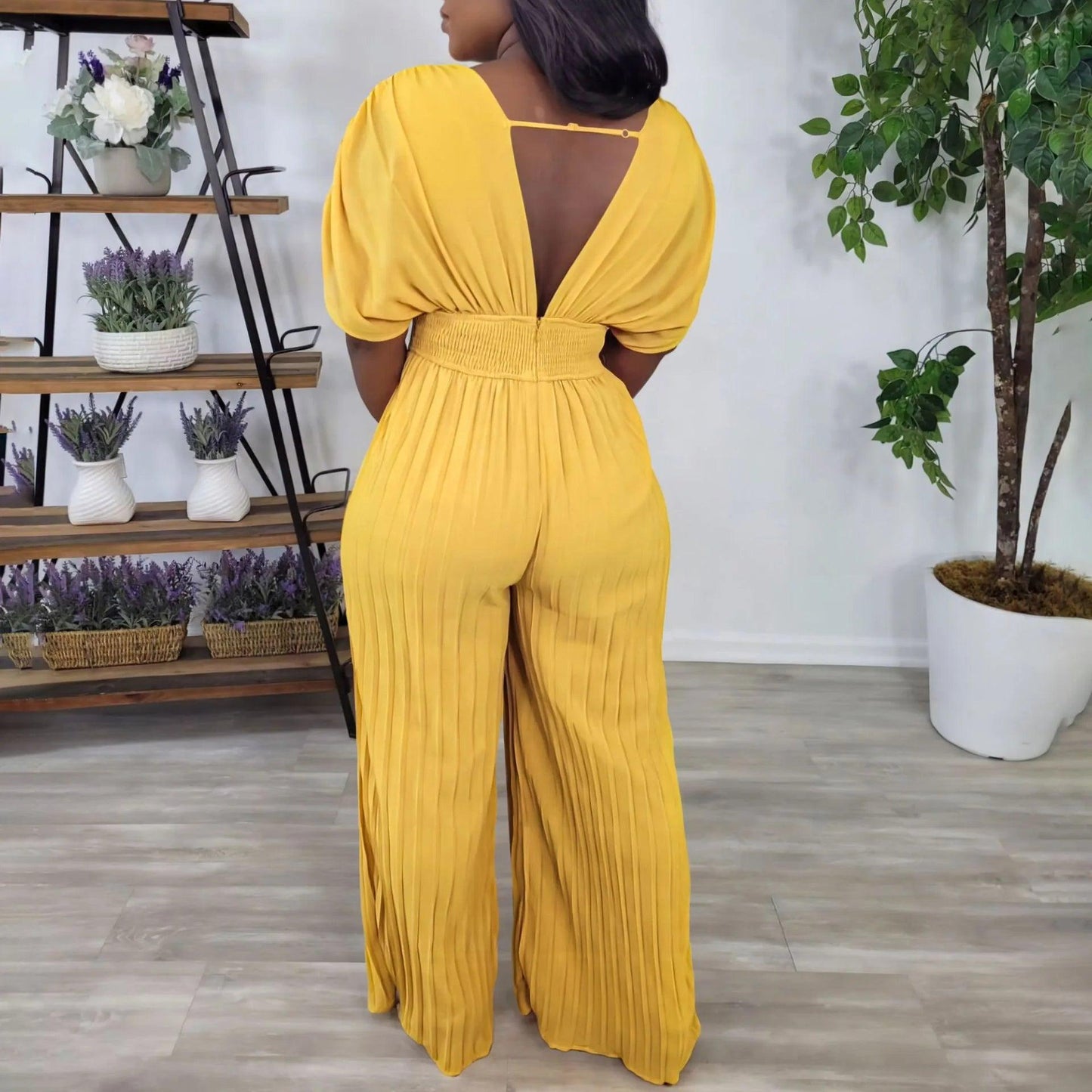 Elegant V-neck Solid Color Fashion Pleated Wide leg Jumpsuit, Pants Romper - Just The Fly Way