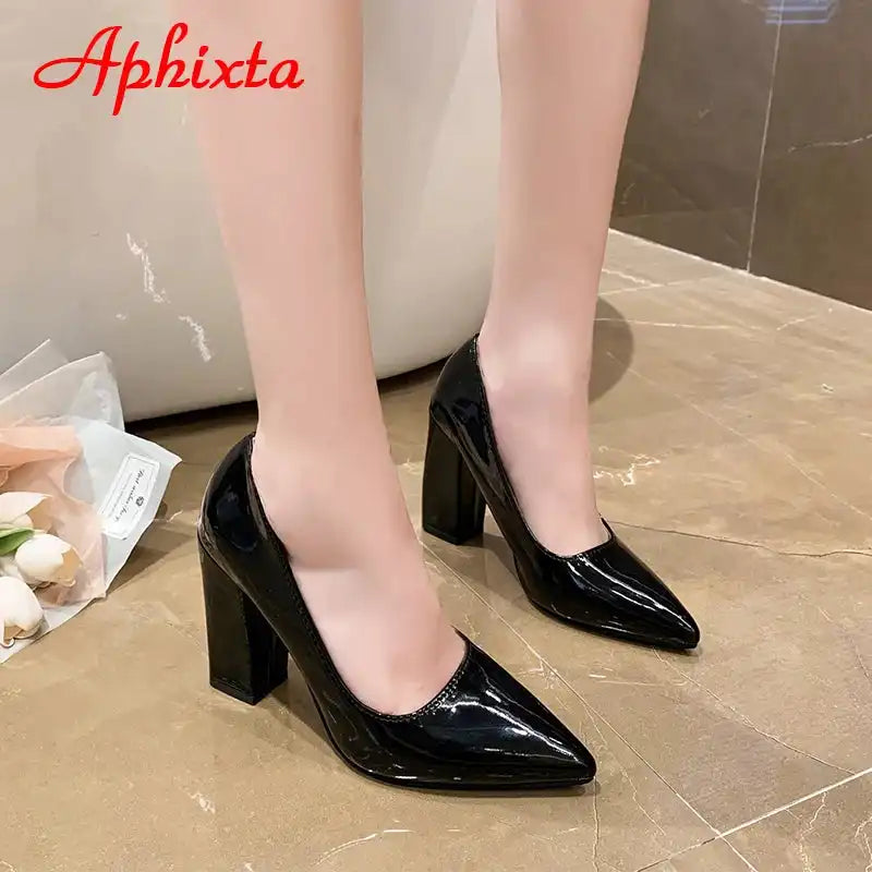 Women's Patent Leather 10cm Square Heel Shoes by Aphixta - Extended Sizes 31-50