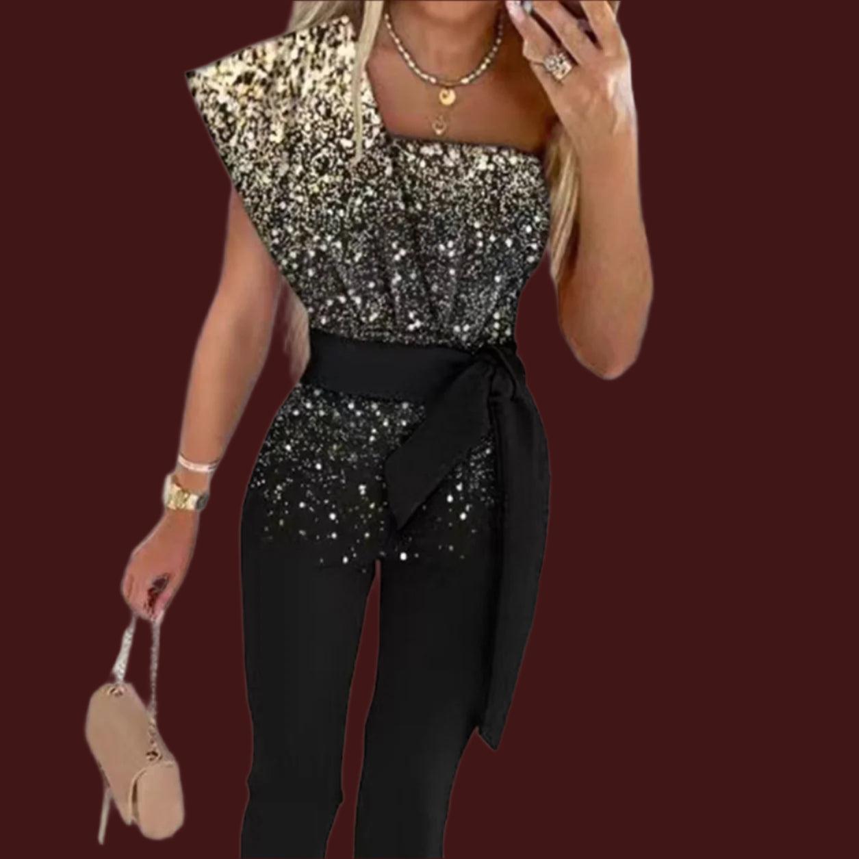Women's Solid Color Romper, Cut-out Design, Belt Decoration, V-neck Fashion Sequin One-shoulder Bodysuit - Just The Fly Way