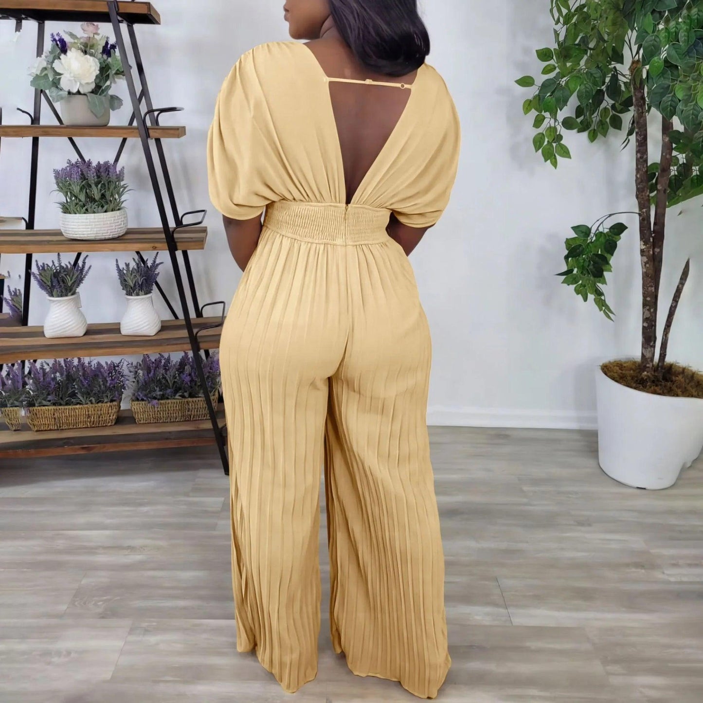 Elegant V-neck Solid Color Fashion Pleated Wide leg Jumpsuit, Pants Romper - Just The Fly Way