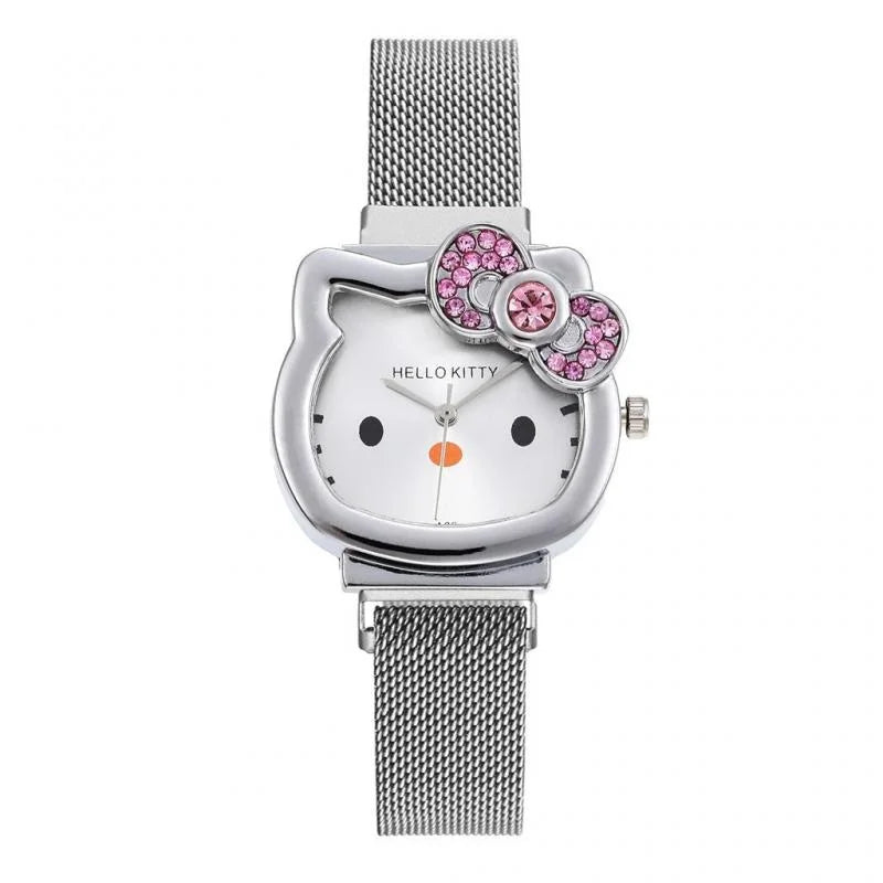 Gold or Silver Metal Ladies Kawaii Pink Hello Kitty Rhinestone Watch