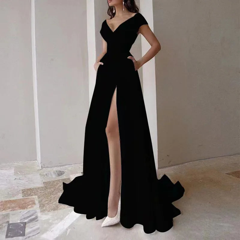 Off Shoulder Solid Women Dress Sleeveless Backless Split Lady Dresses 2024 Fashion Wave Cut Evening Party Female Maxi Vestidos