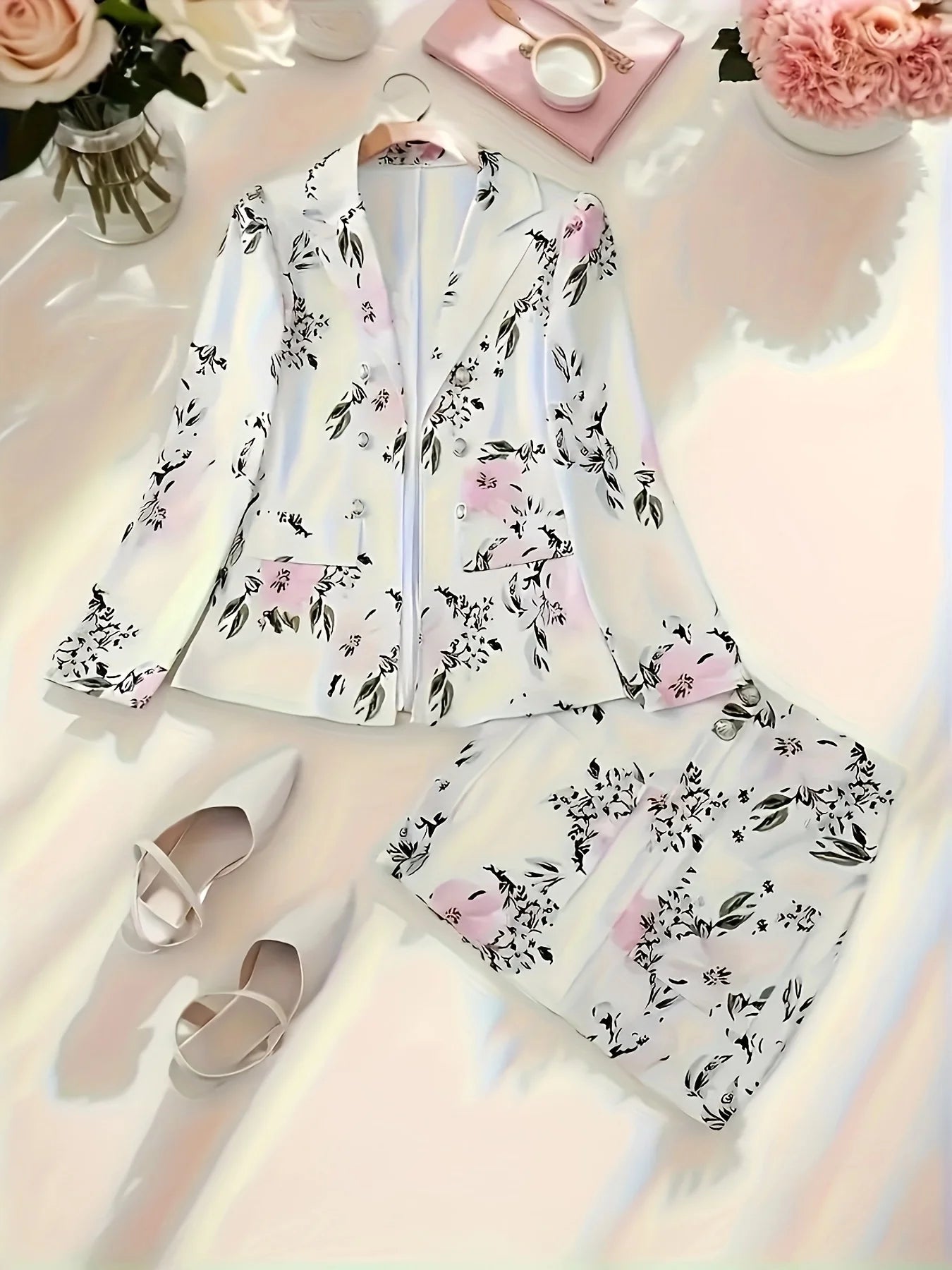 Women's Thousand Bird Casual Two-Piece Suit Set, Long Sleeved Flip Top Double Breasted Suit Jacket and Mini Hip Hugging Skirt, S - Just The Fly Way