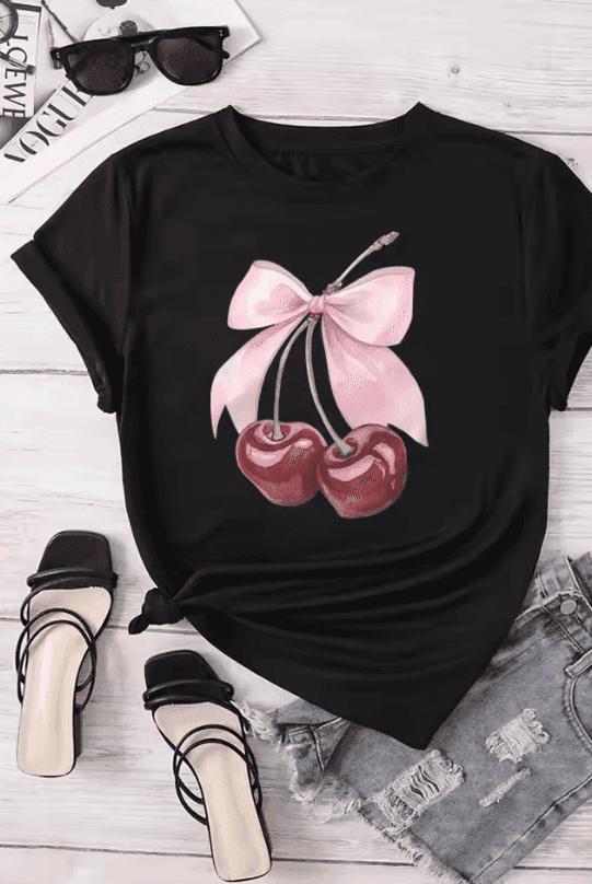 Add a Splash of Fun to Your Wardrobe with This Playful T-Shirt Featuring a Charming Cherry Print and a Sweet Southern Couture Bow - Just The Fly Way