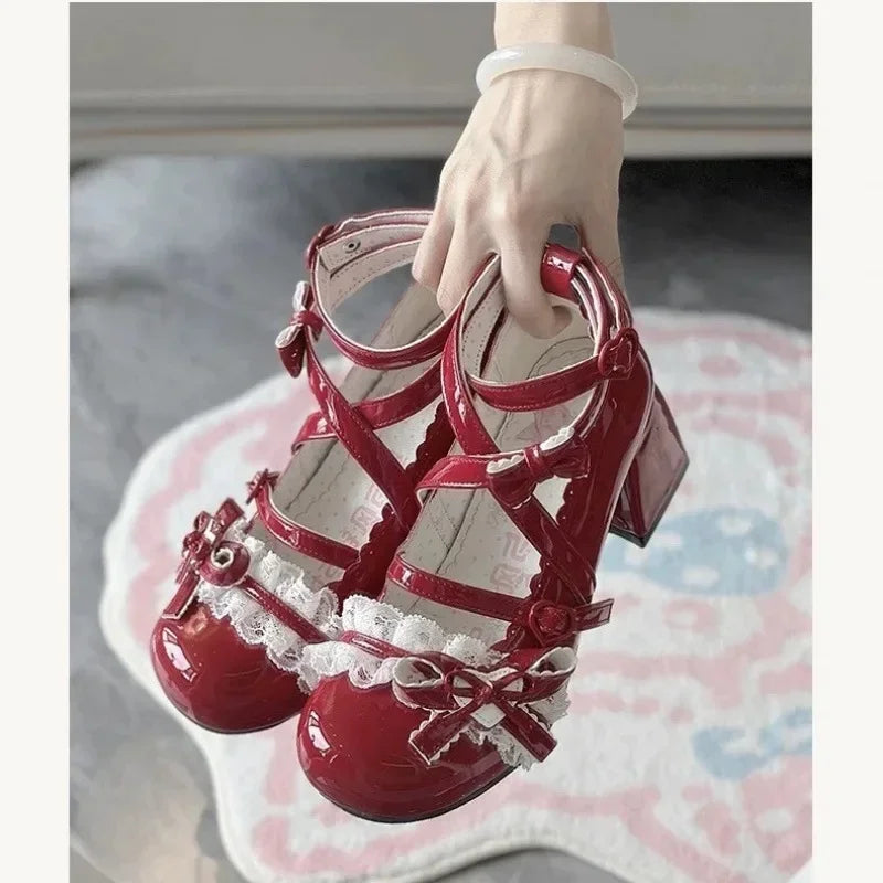 Fashionable, Bold and Beautiful DressLolita Red High Heels Cute pumps Shoes spring Autumn Lace Thick high heels Single Shoes Patent Leather Mary Jane Women's Shoes