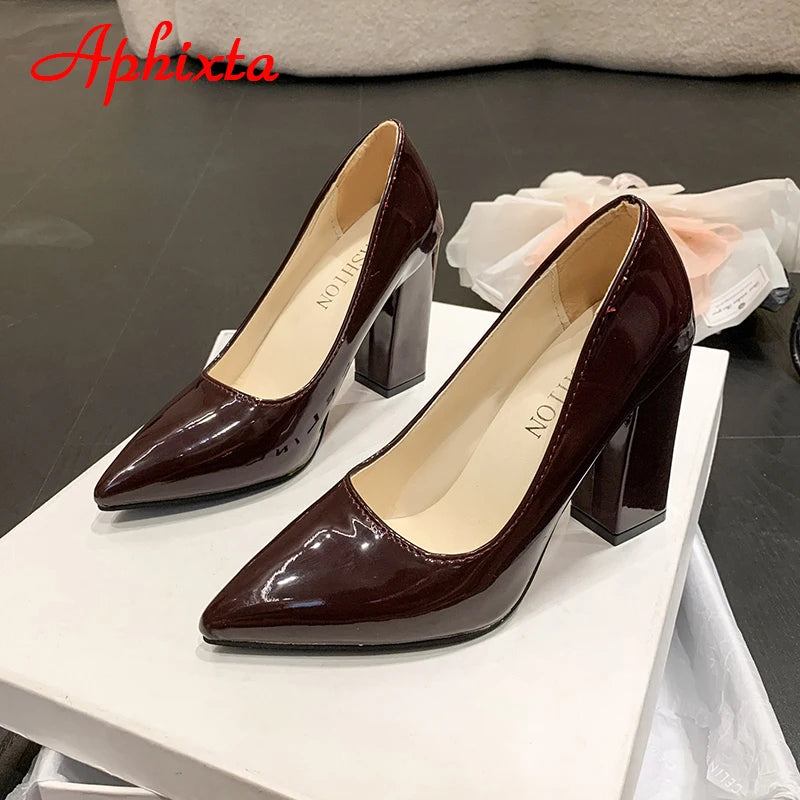 Women's Patent Leather 10cm Square Heel Shoes by Aphixta - Extended Sizes 31-50