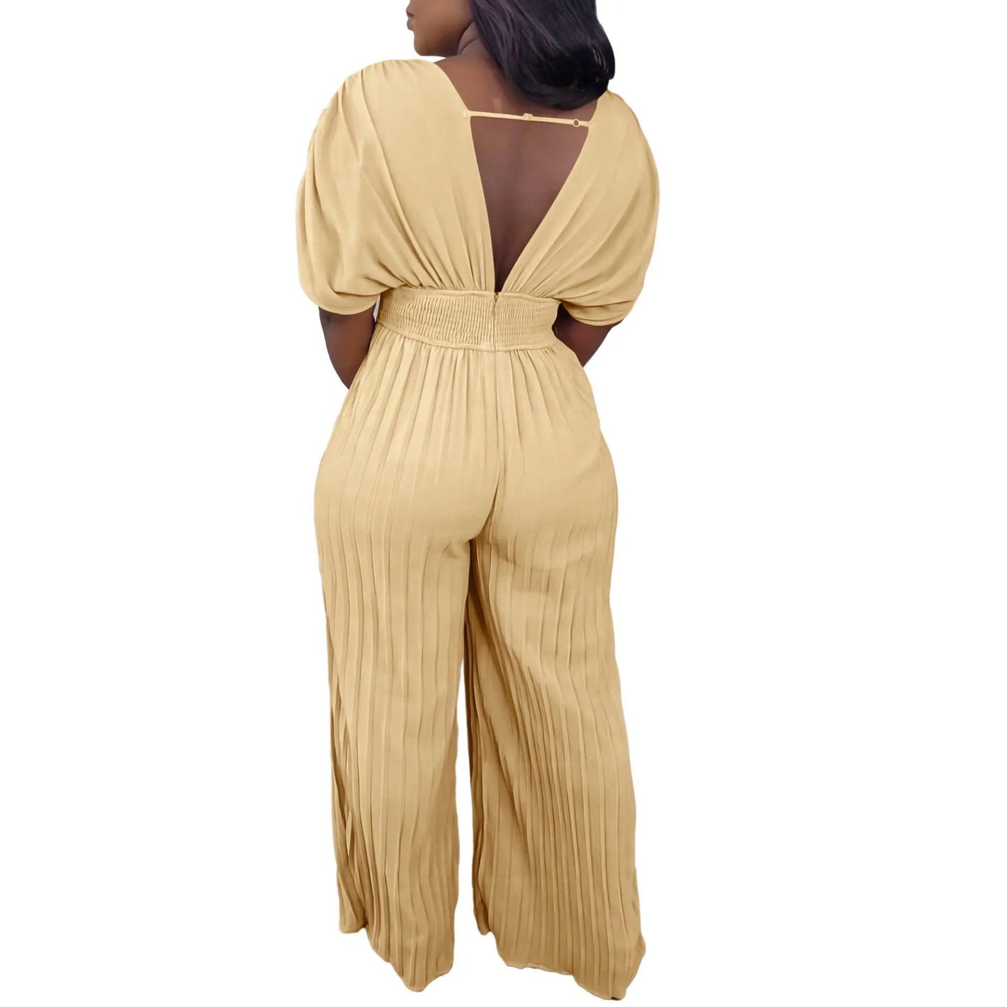 Elegant V-neck Solid Color Fashion Pleated Wide leg Jumpsuit, Pants Romper - Just The Fly Way