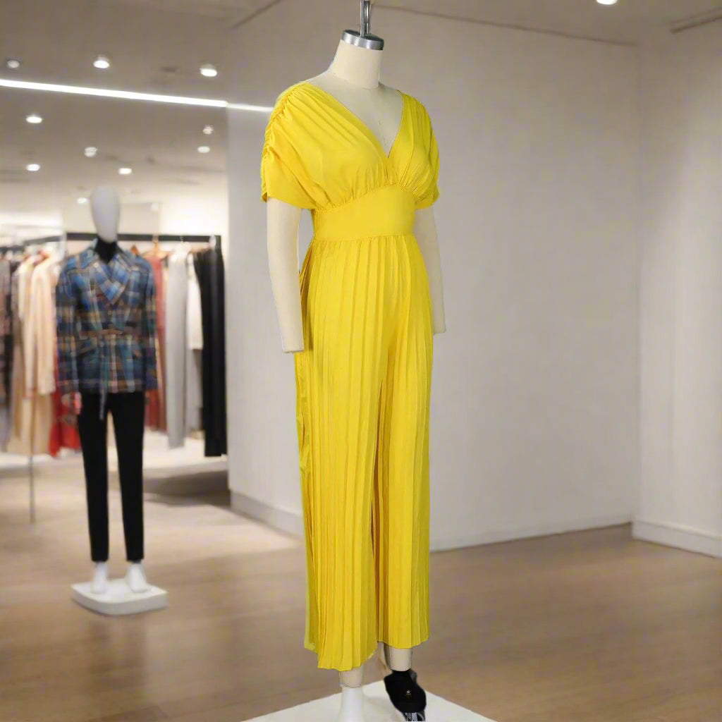 Elegant V-neck Solid Color Fashion Pleated Wide leg Jumpsuit, Pants Romper - Just The Fly Way
