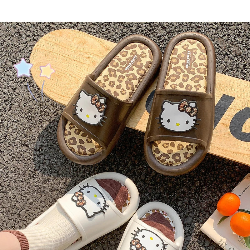 Miniso Hello Kitty Cute Leopard Print Slippers Trendy Open-Toe Slide Sandals in Chic Two-Tone Design Comfortable EVA Material