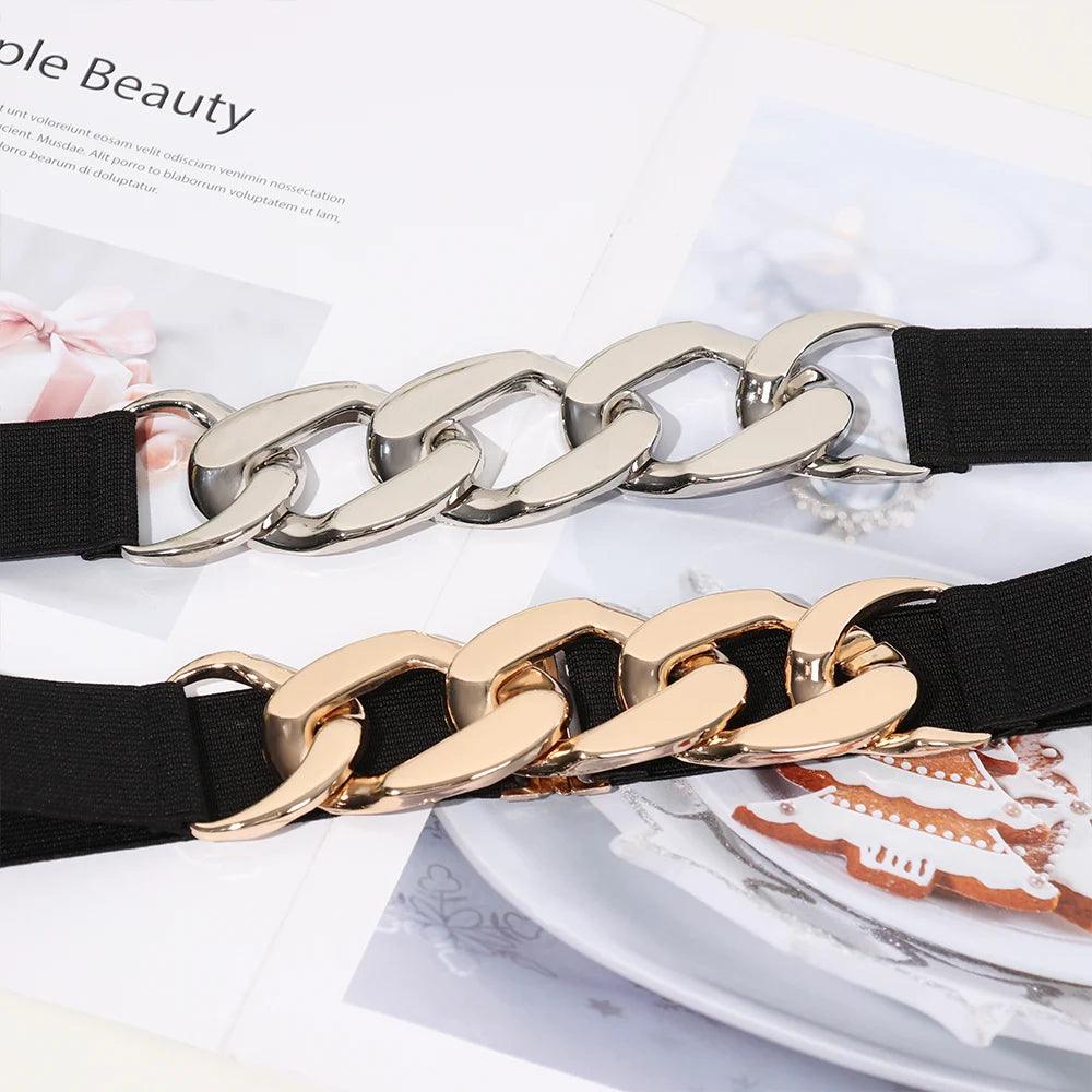 Fashion Elastic Belt, Gold or Silver Metal Buckle on Belt - Just The Fly Way
