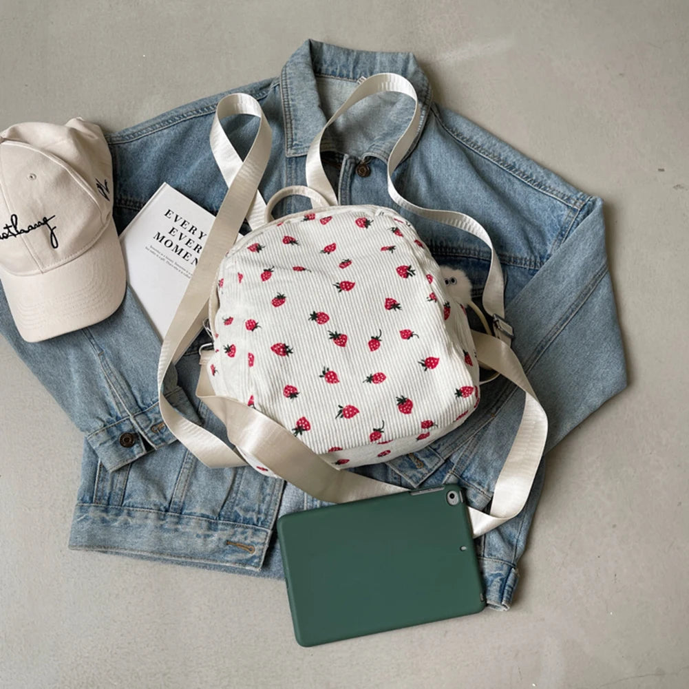 Fashionable, Bold and Beautiful DressTrendy Strawberry Kawaii Backpack - Lightweight Corduroy Bookbag for Women, Teens & Girls