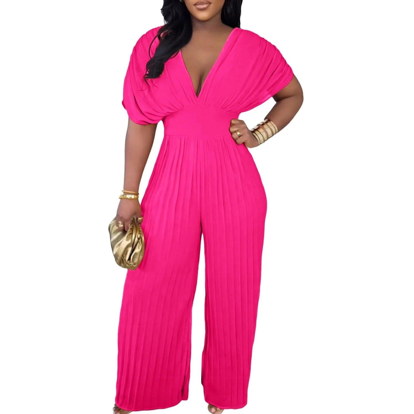 Elegant V-neck Solid Color Fashion Pleated Wide leg Jumpsuit, Pants Romper - Just The Fly Way