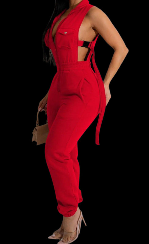 Sleek Jogger Romper With Single-breasted Front, Stylish Buckle Closure, Open Sides - Just The Fly Way