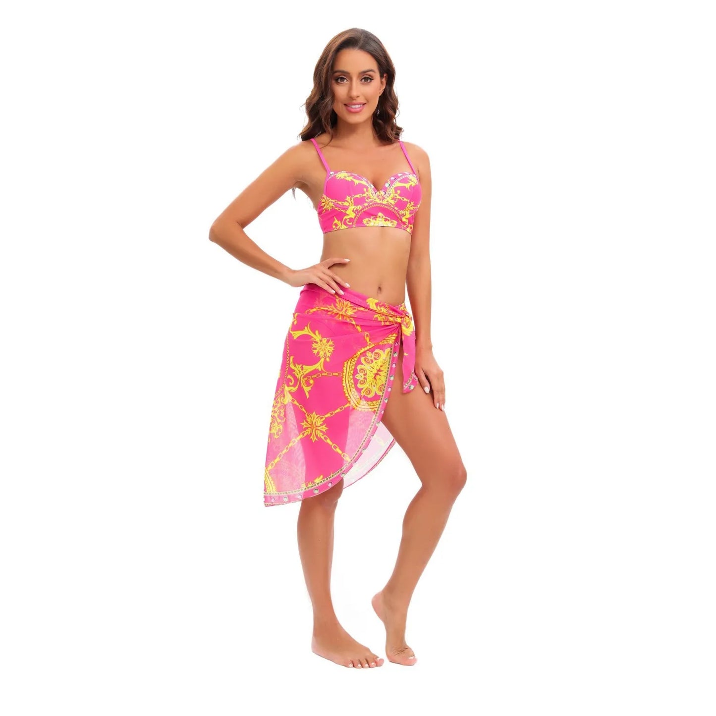 Three Piece Push Up Bikini Set, Black Gold Swimsuit with Skirt Cover Up - Just The Fly Way