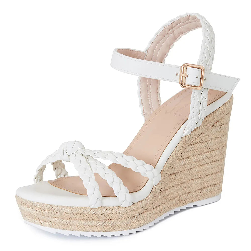 GIGIFOX Straw Woven High Wedges Heel Waterproof Platform Women High-heeled Sandals Round Toe ThicK Buckle Strap Bohemia Shoes - Just The Fly Way