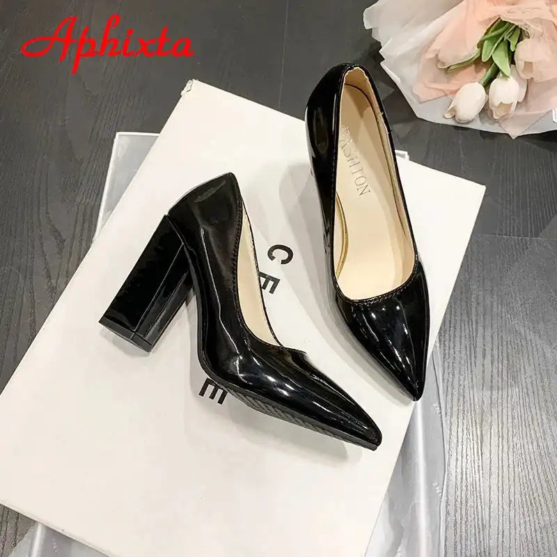 Women's Patent Leather 10cm Square Heel Shoes by Aphixta - Extended Sizes 31-50