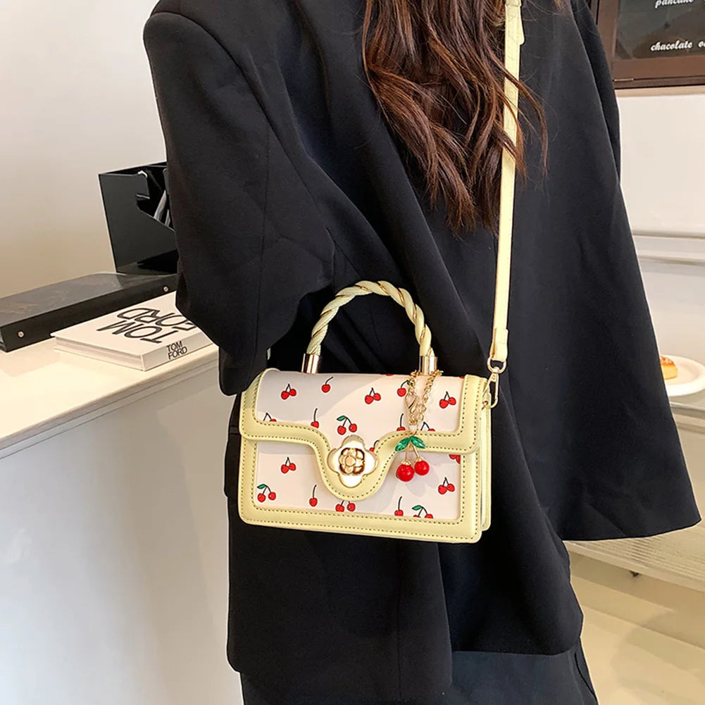 Fashionable, Bold and Beautiful DressWomen Cherry Square Chain Bag PU Leather Sweet Cherry Crossbody Bag Adjustable Strap Cherry Pattern Sling Bag Ladies Outdoor Bag