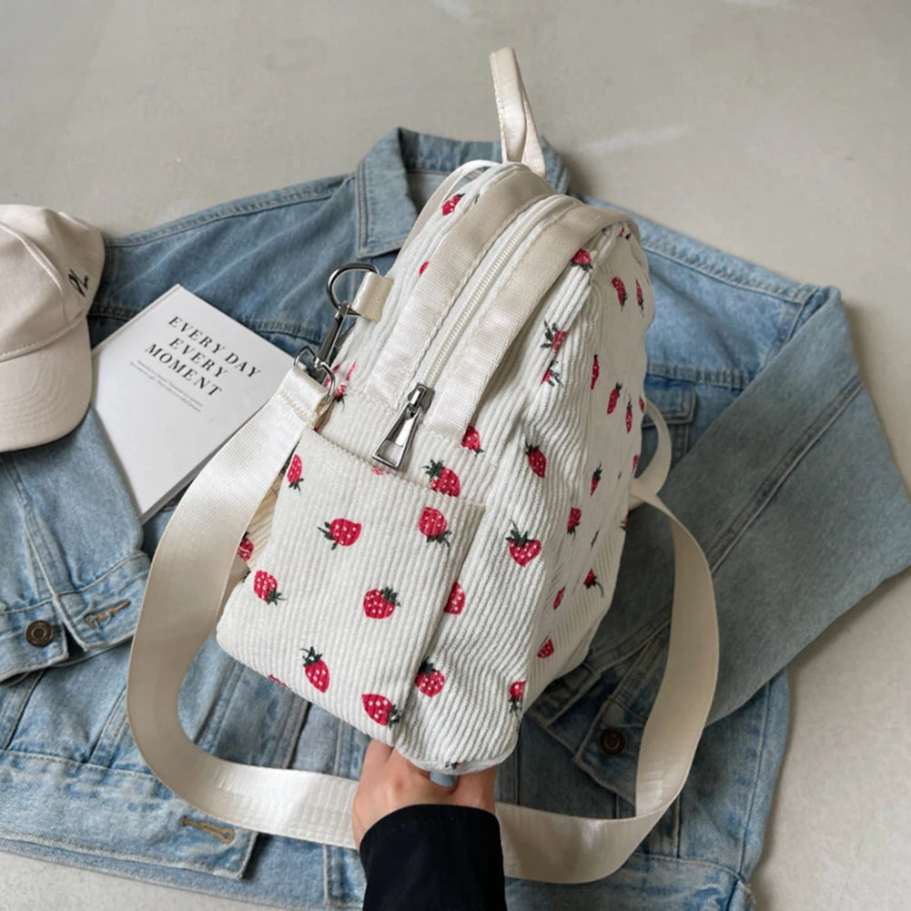 Fashionable, Bold and Beautiful DressTrendy Strawberry Kawaii Backpack - Lightweight Corduroy Bookbag for Women, Teens & Girls