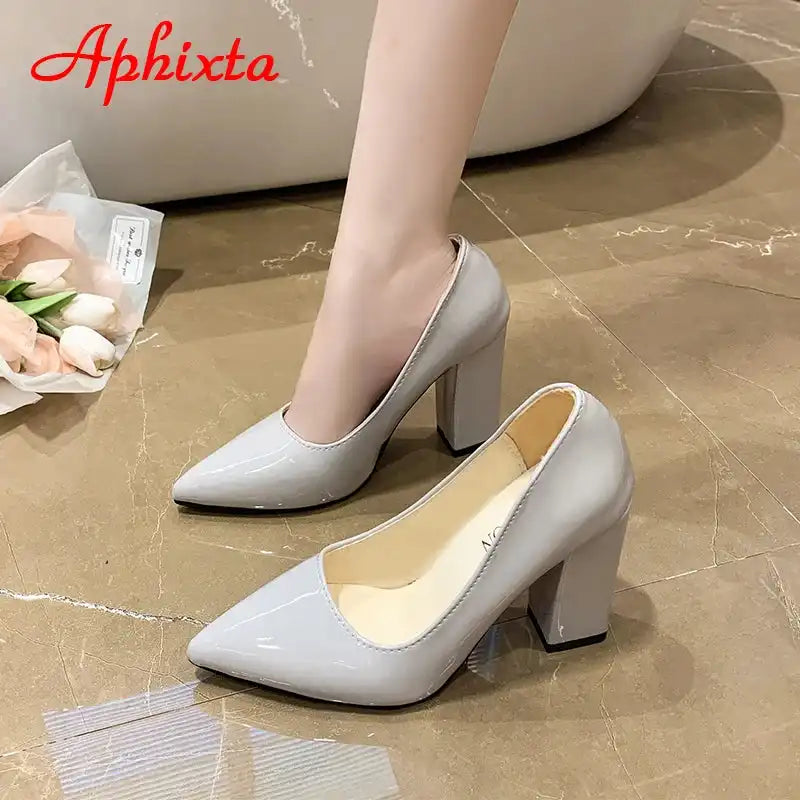 Women's Patent Leather 10cm Square Heel Shoes by Aphixta - Extended Sizes 31-50