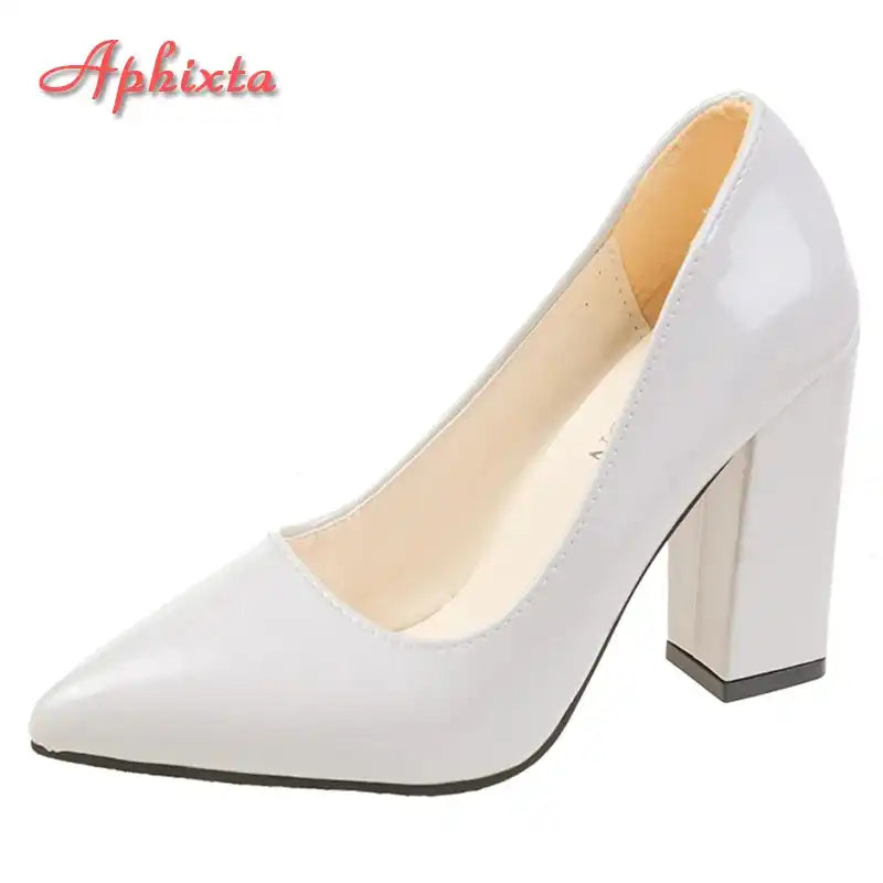 New Women's Patent Leather 10cm Square Heel Shoes by Aphixta - Extended Sizes 31-50