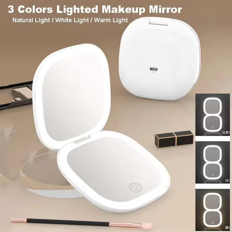 Portable LED Makeup Mirror, Double-Sided Lighted Mirror, Rechargeable 5X Magnification Folding Dressing Mirror for Touch-Ups.