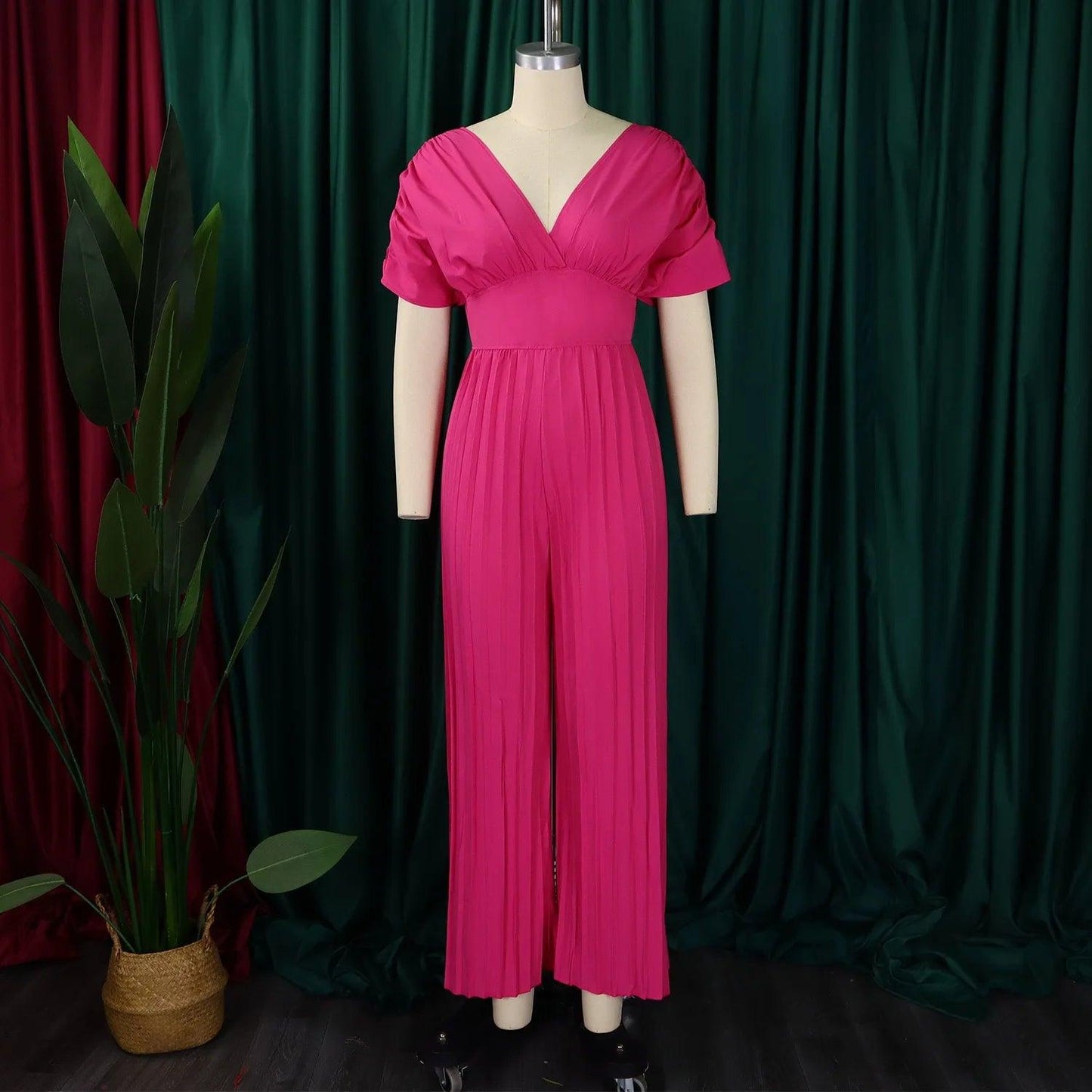 Elegant V-neck Solid Color Fashion Pleated Wide leg Jumpsuit, Pants Romper - Just The Fly Way