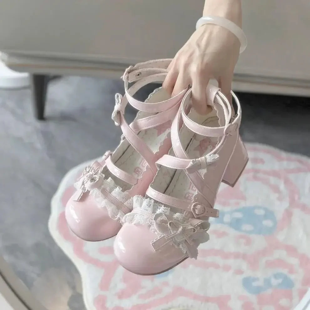 Fashionable, Bold and Beautiful DressLolita Red High Heels Cute pumps Shoes spring Autumn Lace Thick high heels Single Shoes Patent Leather Mary Jane Women's Shoes