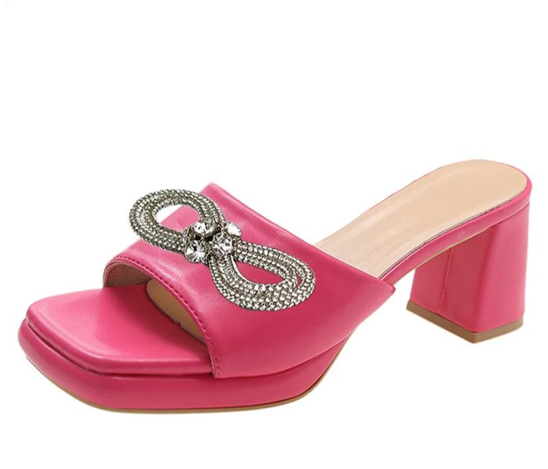 Women's Slide Shoes With Chunky Heels And Peep Toe Design - Just The Fly Way
