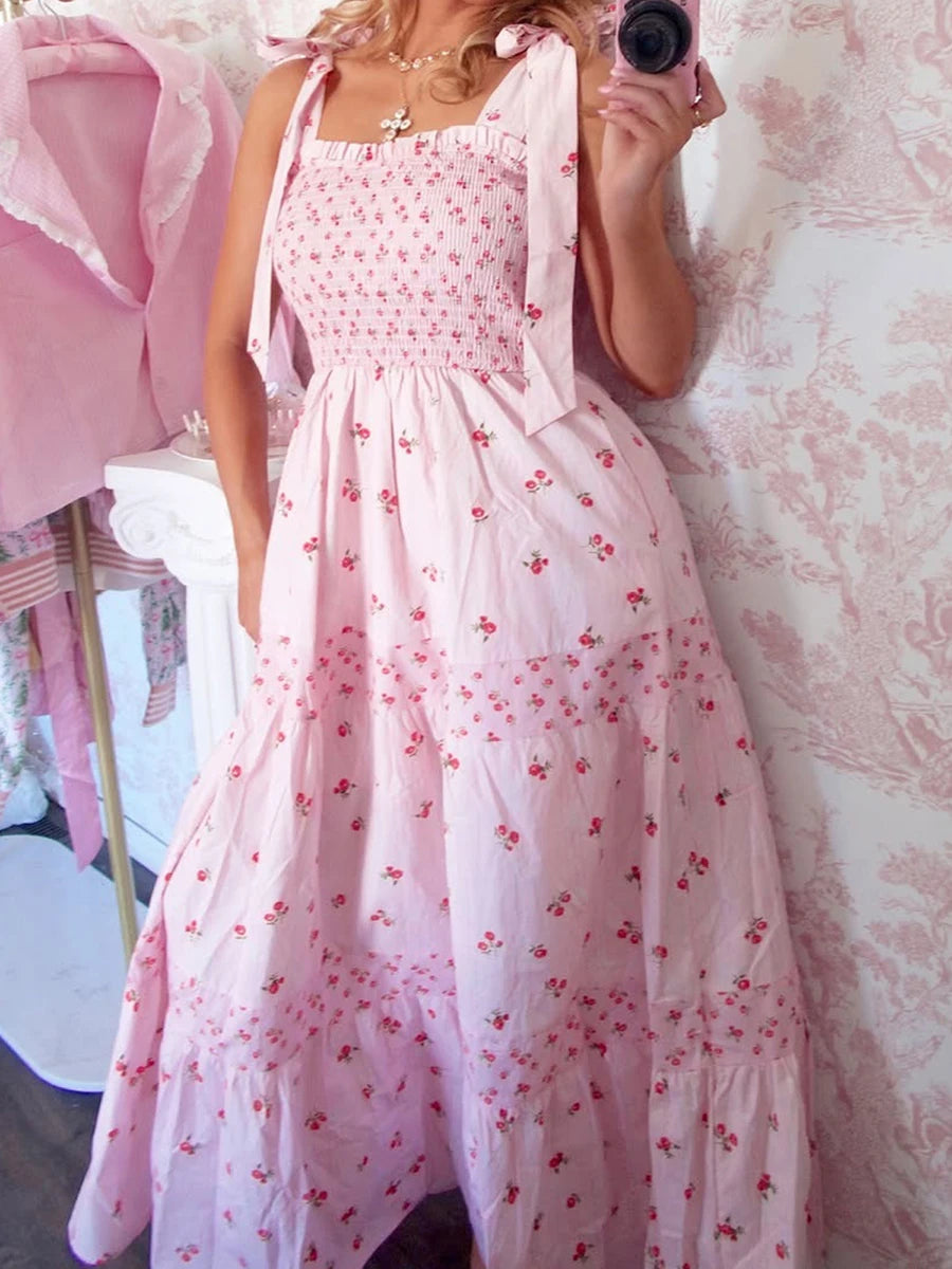 Elegant V-Neck Maxi Dress Sleeveless Floral Print Tie-Up Dress for Summer Beach Wedding Party or Daily Wear - Just The Fly Way