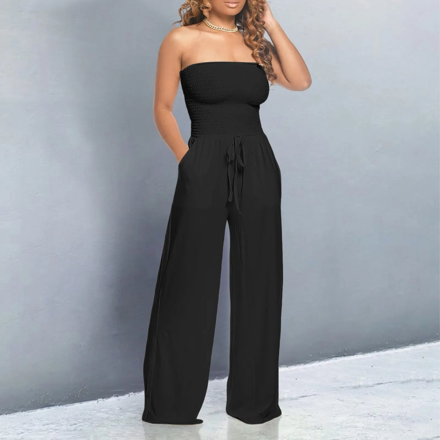 Elegant Soft Lace Jumpsuits Glitter Romper Women Solid Ruffle Lace Sleeveless Lace Up Jumpsuit Medium Length Straight Trousers - Just The Fly Way