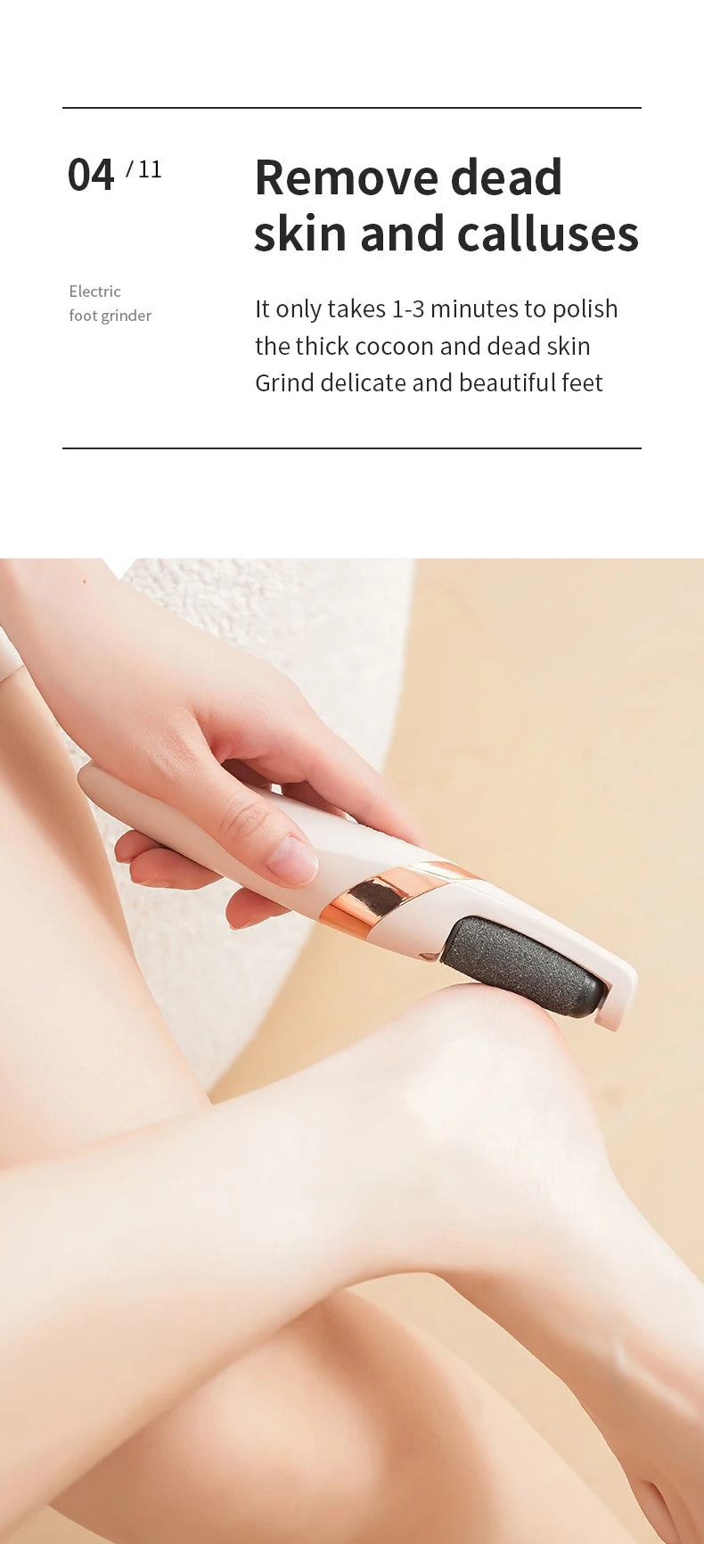 Person using a foot care device to remove dead skin and calluses on feet.