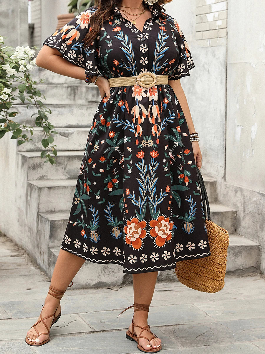 Women Plus Size V-Neck Maxi Dress Elegant Floral Print Short Sleeve Bohemian Party Dress for Summer Beach Wedding Guest - Just The Fly Way
