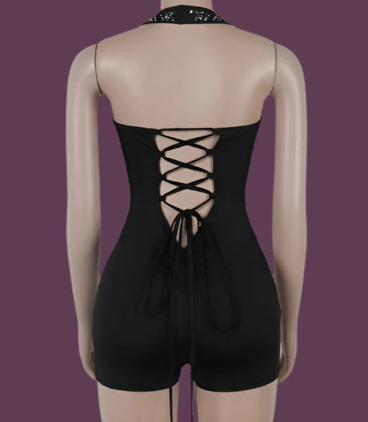 Shine Like A Star With This Elegant Deep-plunge Halter Romper - Just The Fly Way