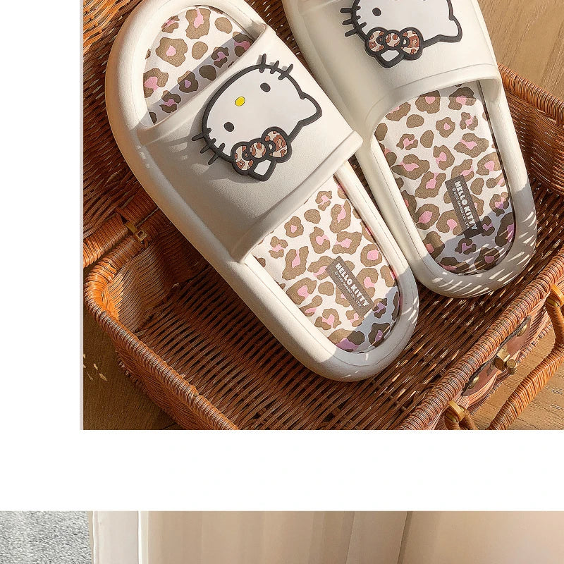 Miniso Hello Kitty Cute Leopard Print Slippers Trendy Open-Toe Slide Sandals in Chic Two-Tone Design Comfortable EVA Material