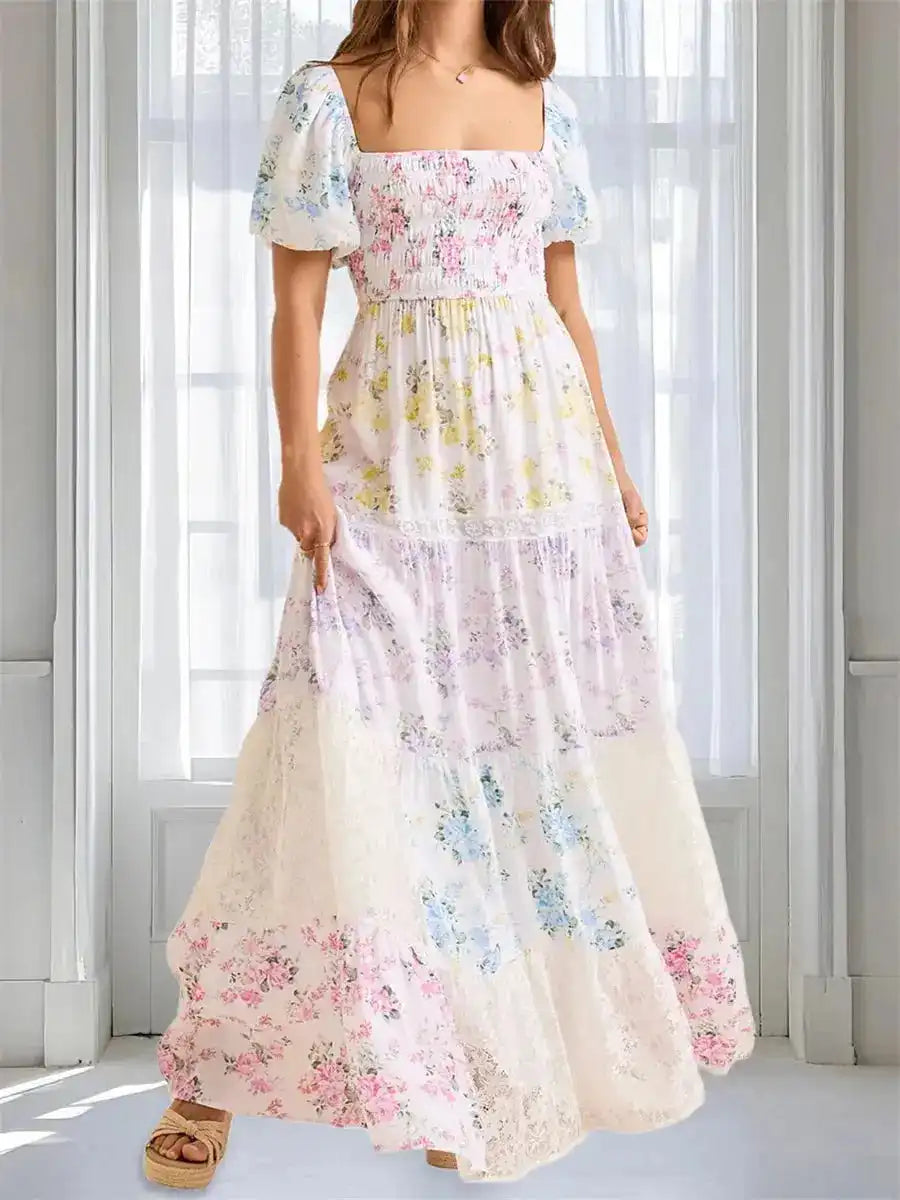 Elegant Floral Print Short Sleeve A-Line Dress with Ruffled Hem for Women Perfect for Cocktail Parties and Streetwear Fashion - Just The Fly Way