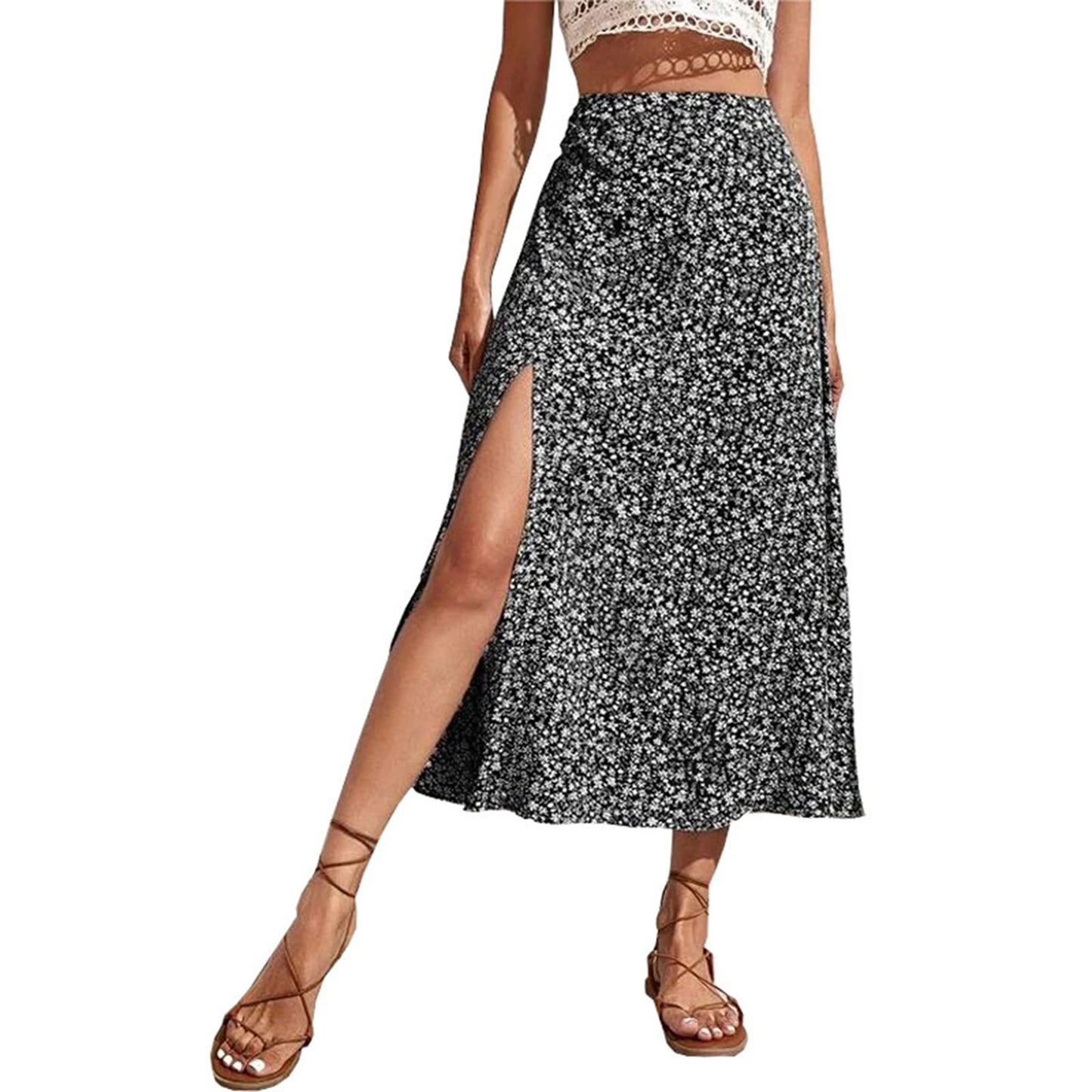 Women s Floral Print Midi Skirts Mid Waist Side Slit Skirts Spring Summer Fashion Casual A-line Skirts - Just The Fly Way