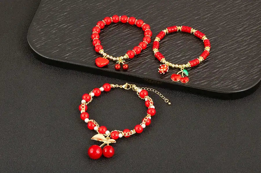 Cherry and Heart Red Beaded Chain Bracelet in 3 Fashion Styles – Trendy Jewelry - Just The Fly Way
