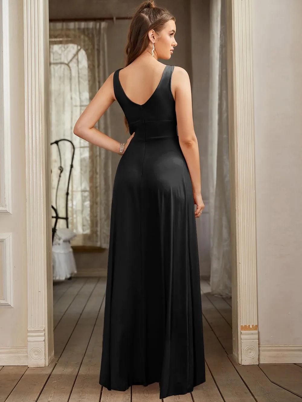 Elegant A-Line Split V-Neck Women's Party Formal Dress Sleeveless Floor Length Birthday Gown