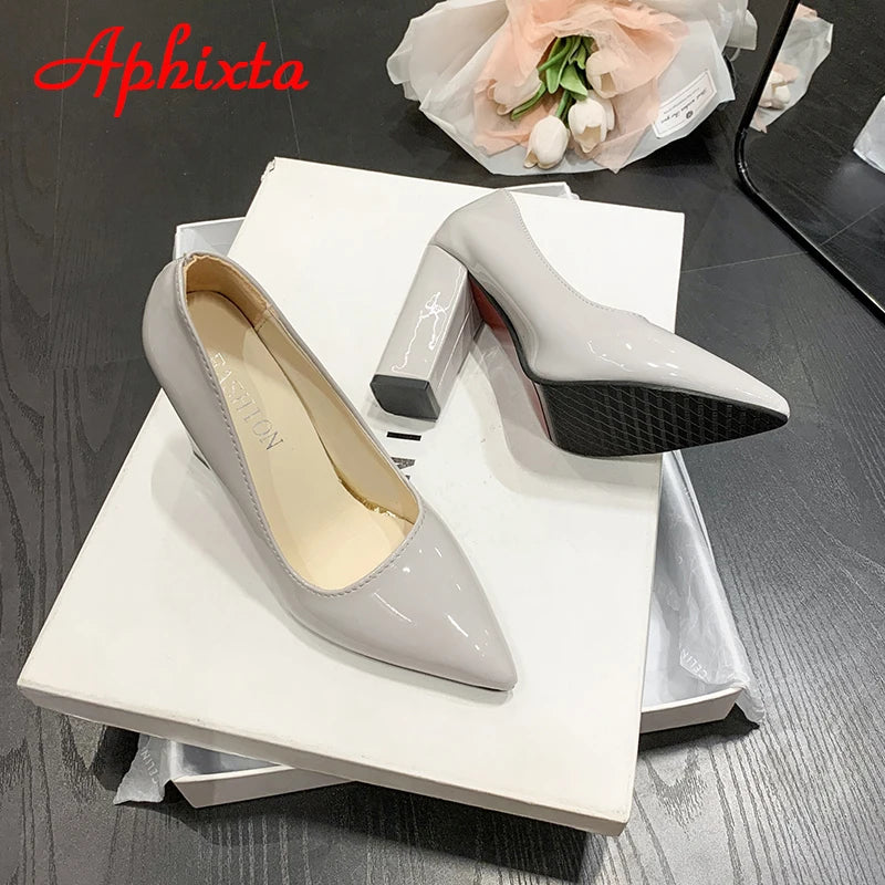 Women's Patent Leather 10cm Square Heel Shoes by Aphixta - Extended Sizes 31-50