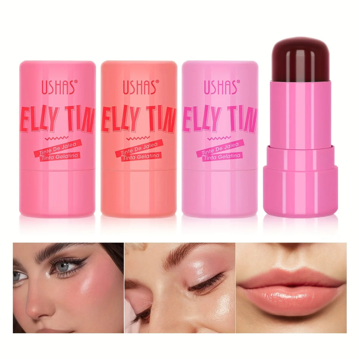 Fashionable, Bold and Beautiful Dress4 Colors Jelly Blush Stick Lip Balm Eyeshadow 3-in-1 Multi-Use Matte Blush Moisturize Brighten Lip Gloss