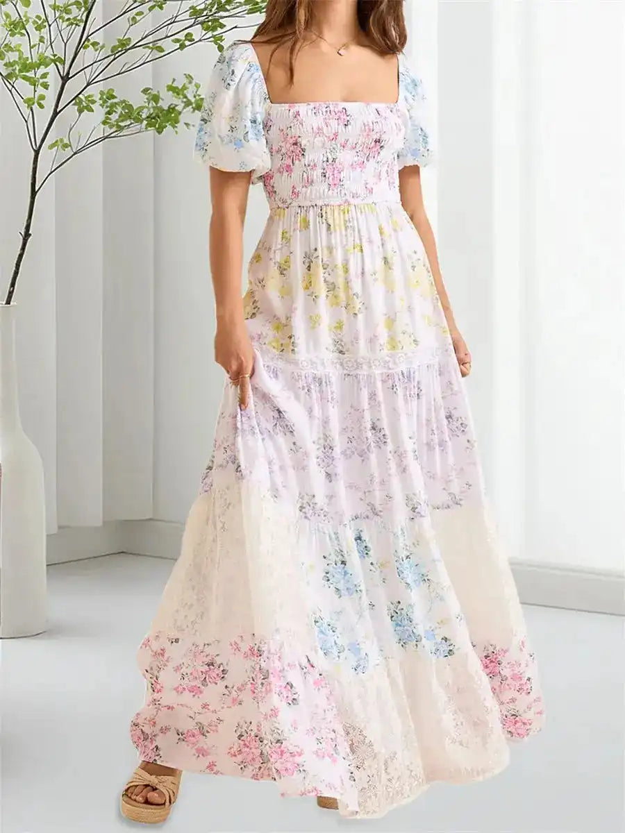 Elegant Floral Print Short Sleeve A-Line Dress with Ruffled Hem for Women Perfect for Cocktail Parties and Streetwear Fashion - Just The Fly Way