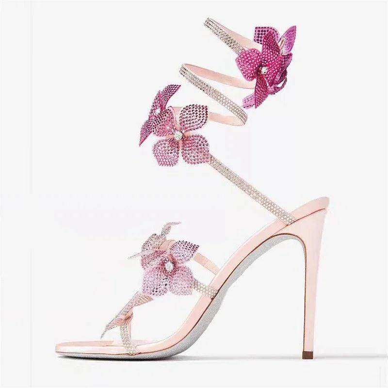 Be BOLD in the Gorgeous CRYSTAL Flower, Ankle Strap Sandals, High Heels - Just The Fly Way