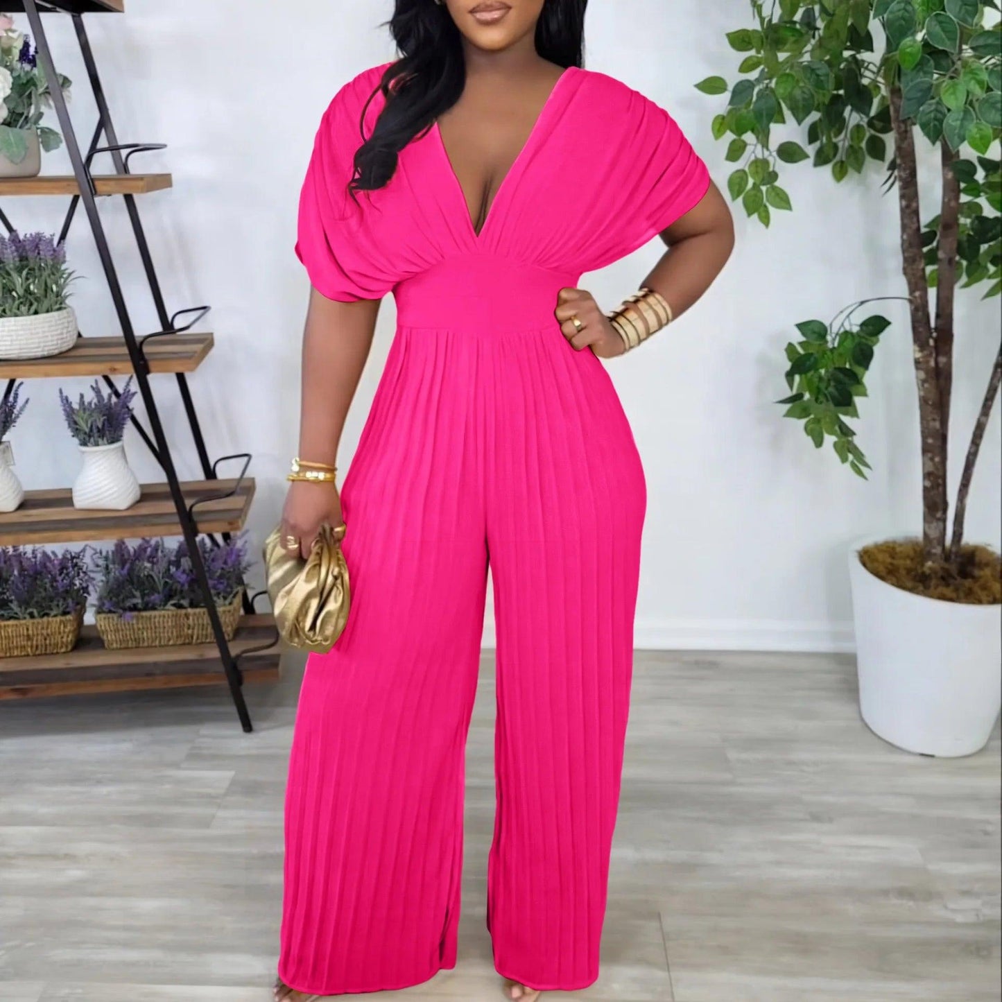 Elegant V-neck Solid Color Fashion Pleated Wide leg Jumpsuit, Pants Romper - Just The Fly Way