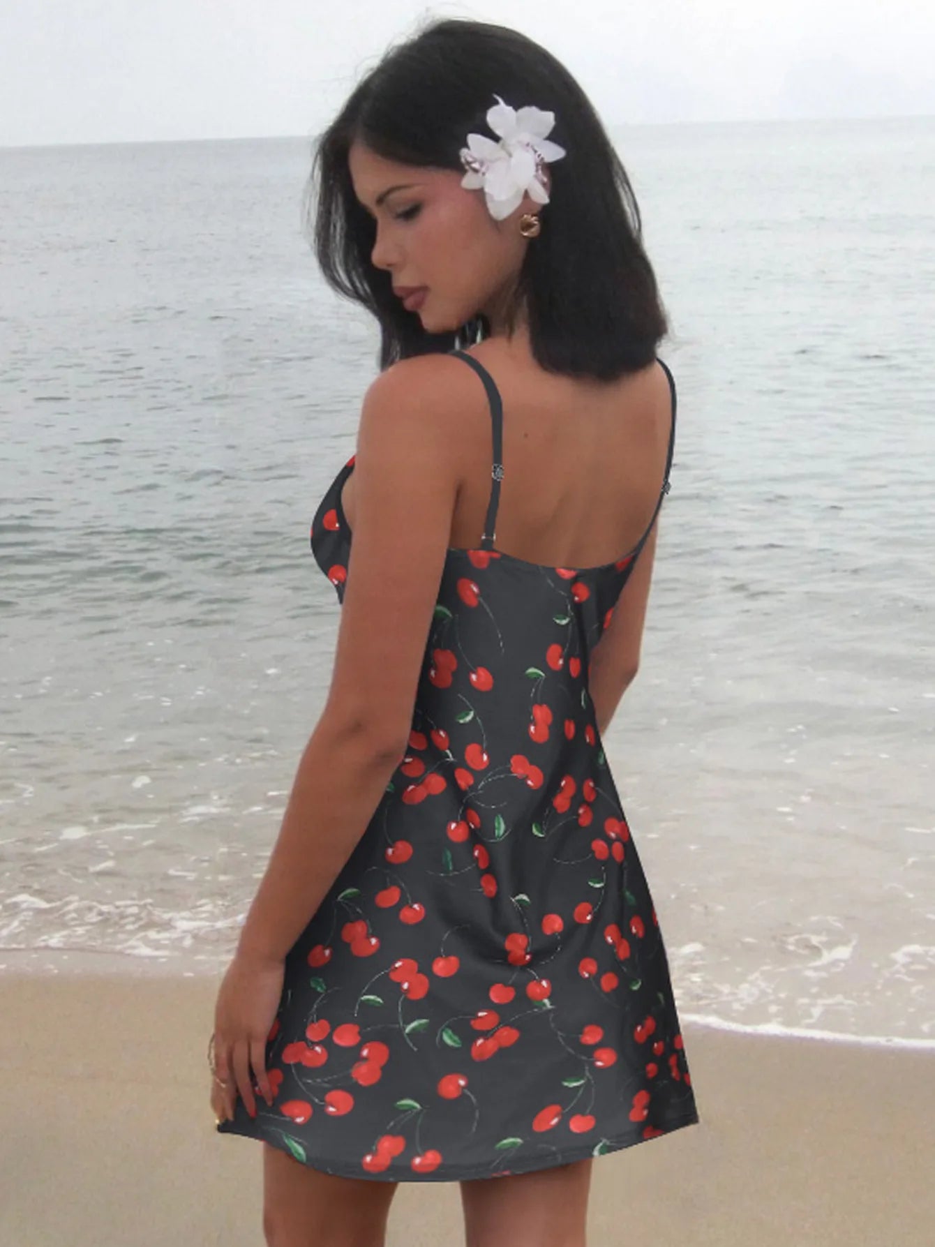 Women's Printed Black Cherry Spaghetti Strap Dress - Just The Fly Way
