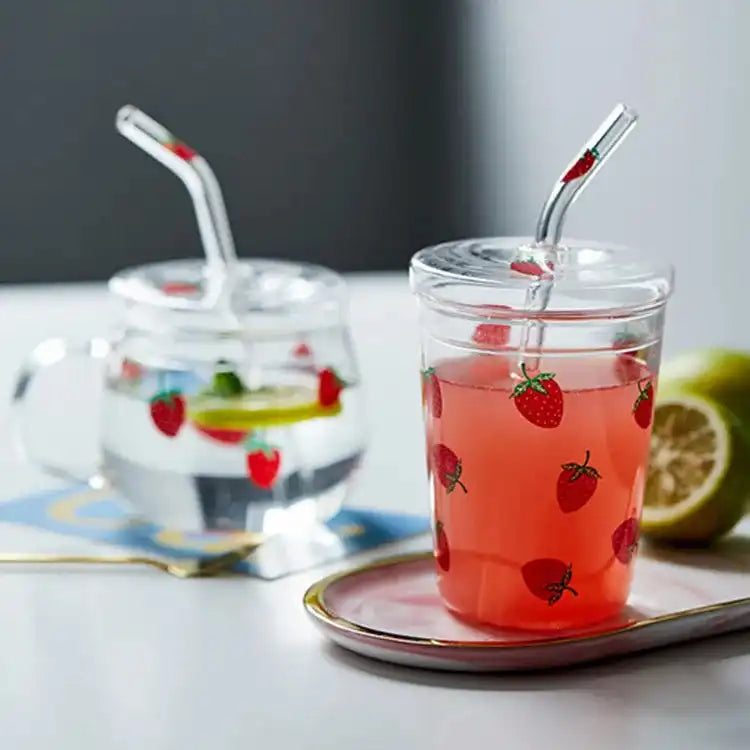 Cute Heat Resistant Strawberry Glass Cups with Lid and Straw - Perfect for Drinks! - Just The Fly Way