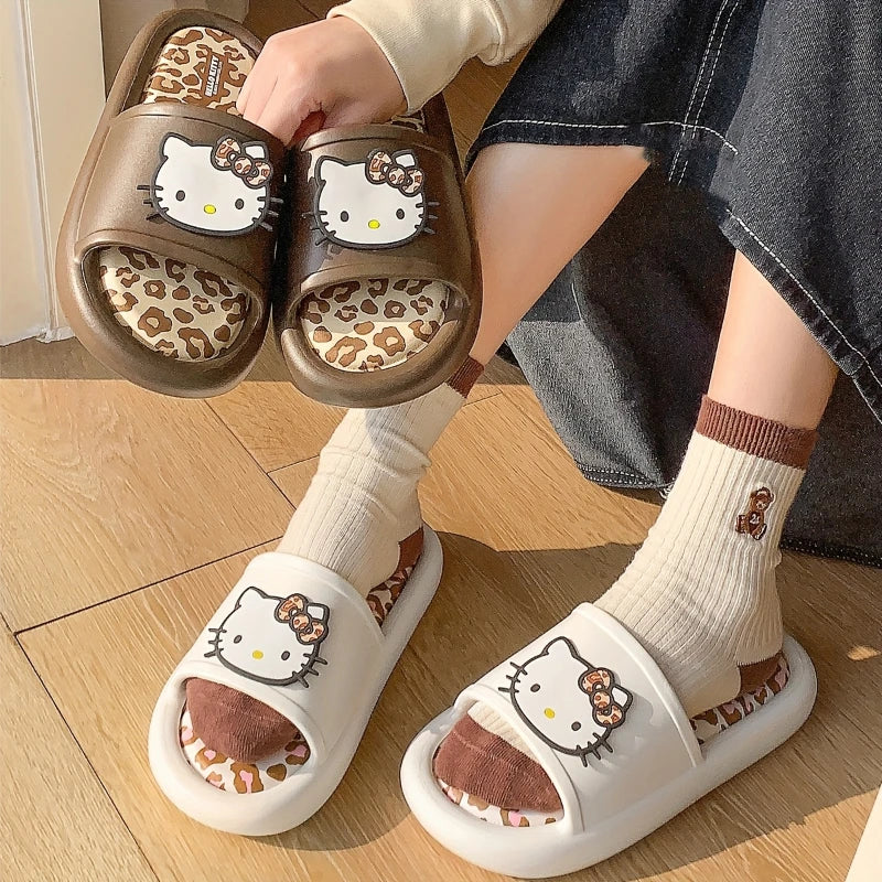 Miniso Hello Kitty Cute Leopard Print Slippers Trendy Open-Toe Slide Sandals in Chic Two-Tone Design Comfortable EVA Material