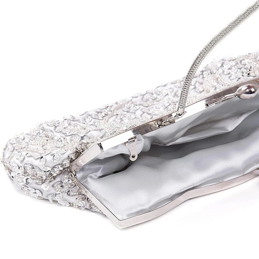 Women's Handbag Floral Designer Evening Bag Beaded Sequin Design Vintage Kissing Lock Satin Purse Bag Wedding Party Clutch Bags - Just The Fly Way