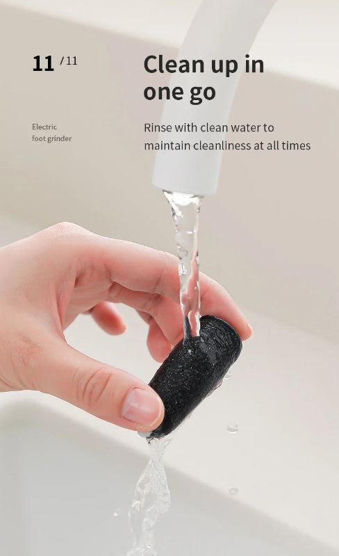 Hand rinsing a black hair grinder with water, text indicating cleaning instructions.