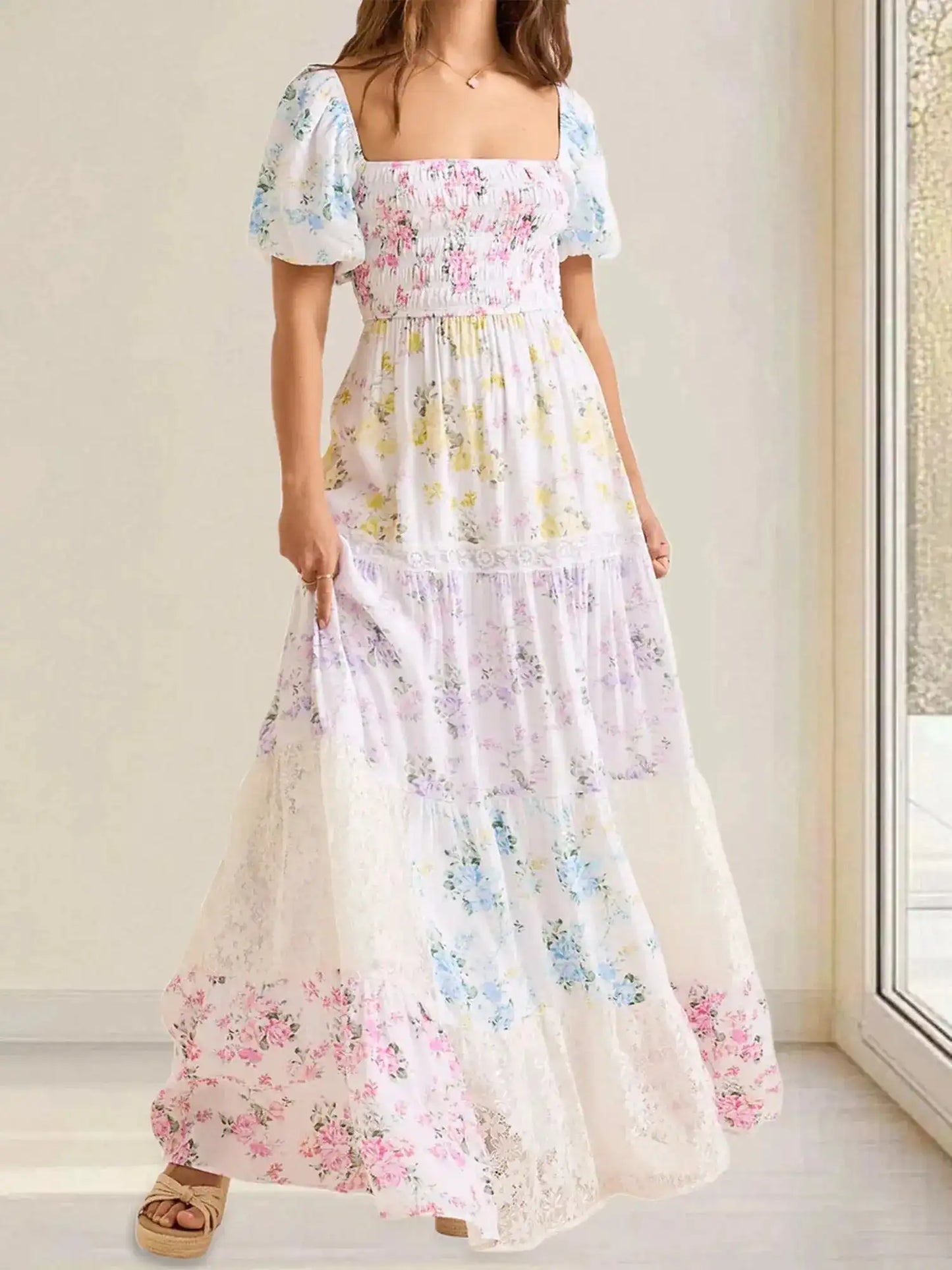 Elegant Floral Print Short Sleeve A-Line Dress with Ruffled Hem for Women Perfect for Cocktail Parties and Streetwear Fashion - Just The Fly Way