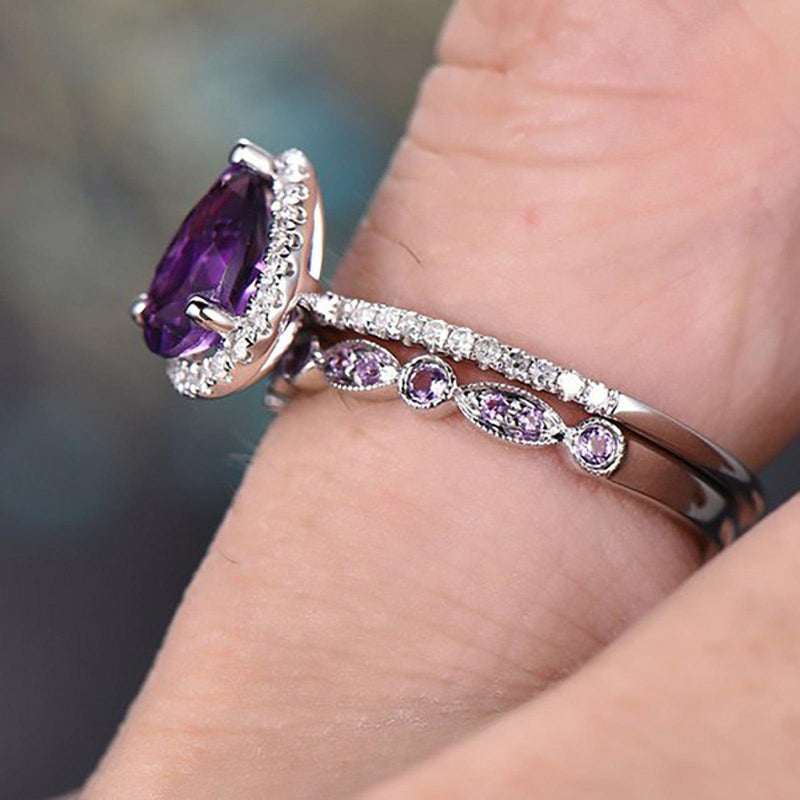 Shining Amethyst Ring, Tear Drop Shape, Cubic Zirconia Accent - Just The Fly Way